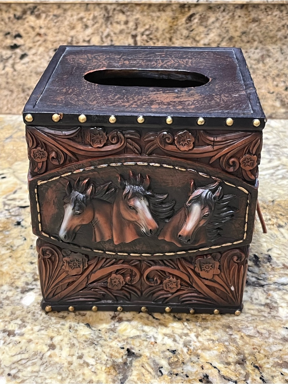 Horse Tissue Box Cover Country Western Rustic Leather Tassels Resin Lone Star